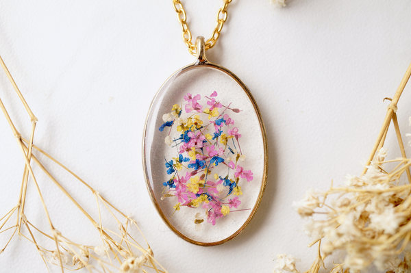 Real Pressed Flower and Resin Necklace Gold Oval in Pink Yellow Blue and White