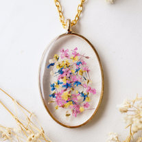 Real Pressed Flower and Resin Necklace Gold Oval in Pink Yellow Blue and White