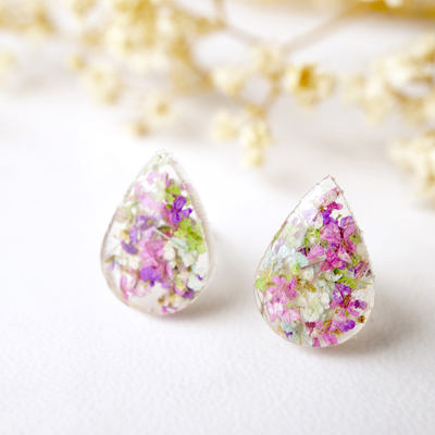 Real dried flowers and resin teardrop stud earrings in pink green purple mint and white