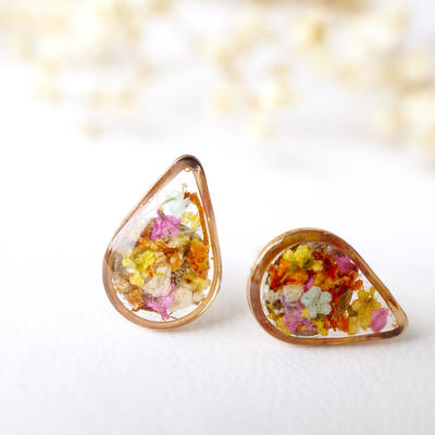 Real dried flowers and resin stud earrings, gold teardrop in red orange yellow pink mint and white mix