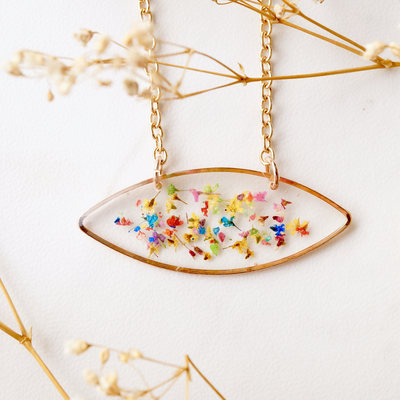 Real dried flowers in resin necklace, rose gold football shape in party mix