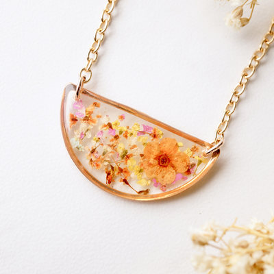 Real dried flowers in resin necklace, half circle in orange yellow pink and white mix