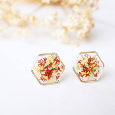 Real dried flowers and resin stud earrings, gold hexagon in red yellow and mint mix