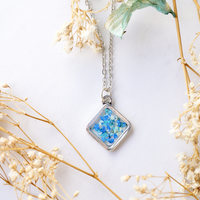 Real Dried Flowers and Resin Necklace, Silver Diamond in Blue Teal Mint - Thumbnail 1