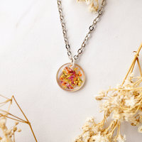 Real Dried Flowers in Resin Necklace, Small Silver Circle in Yellow Orange Red - Thumbnail 1