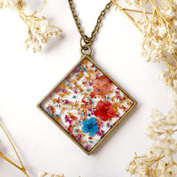 Real Pressed Flower and Resin Necklace in Red Pink Orange Blue Mix - Thumbnail 1
