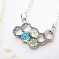 Real Dried Flowers in Honeycomb Resin Necklace in Teal White Green - Thumbnail 2