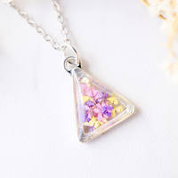 Real Dried Flowers and Resin Necklace, Silver Triangle in Pink Purple Yellow - Thumbnail 2