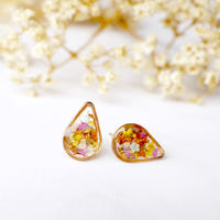 Real Dried Flowers and Resin Stud Earrings, Gold Teardrop in Red Orange Yellow Pink Mint and White mix - Thumbnail 1