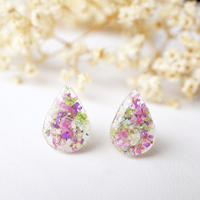 Real Dried Flowers and Resin Teardrop Stud Earrings in Pink Green Purple Mint and White - Thumbnail 1