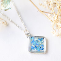 Real Dried Flowers and Resin Necklace, Silver Diamond in Blue Teal Mint - Thumbnail 2