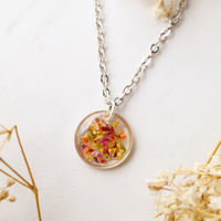 Real Dried Flowers in Resin Necklace, Small Silver Circle in Yellow Orange Red - Thumbnail 2