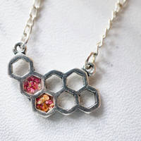 Real Dried Flowers in Honeycomb Resin Necklace in Teal White Green - Thumbnail 3