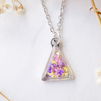 Real Dried Flowers and Resin Necklace, Silver Triangle in Pink Purple Yellow - Thumbnail 3