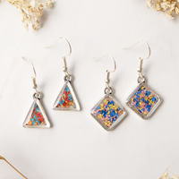 Real Dried Flowers and Resin Earrings, Silver Diamond Drops in Yellow Blue Pink - Thumbnail 2