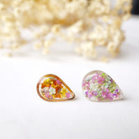 Real Dried Flowers and Resin Stud Earrings, Gold Teardrop in Red Orange Yellow Pink Mint and White mix - Thumbnail 2