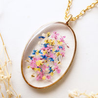Real Pressed Flower and Resin Necklace Gold Oval in Pink Yellow Blue and White - Thumbnail 2