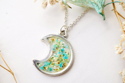 Real Dried Flowers and Resin Necklace, Silver Moon in Teal Green Yellow