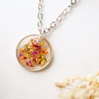 Real Dried Flowers in Resin Necklace, Small Silver Circle in Yellow Orange Red - Thumbnail 4
