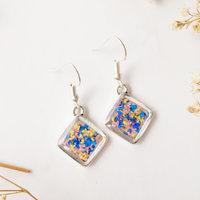 Real Dried Flowers and Resin Earrings, Silver Diamond Drops in Yellow Blue Pink - Thumbnail 3