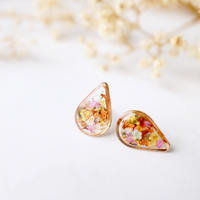 Real Dried Flowers and Resin Stud Earrings, Gold Teardrop in Red Orange Yellow Pink Mint and White mix - Thumbnail 3