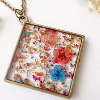 Real Pressed Flower and Resin Necklace in Red Pink Orange Blue Mix - Thumbnail 4