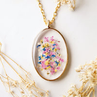 Real Pressed Flower and Resin Necklace Gold Oval in Pink Yellow Blue and White - Thumbnail 3