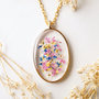 Real Pressed Flower and Resin Necklace Gold Oval in Pink Yellow Blue and White-3