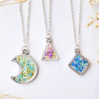 Real Dried Flowers and Resin Necklace, Silver Moon in Teal Green Yellow - Thumbnail 1
