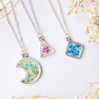 Real Dried Flowers and Resin Necklace, Silver Diamond in Blue Teal Mint - Thumbnail 5