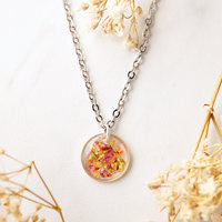 Real Dried Flowers in Resin Necklace, Small Silver Circle in Yellow Orange Red - Thumbnail 5