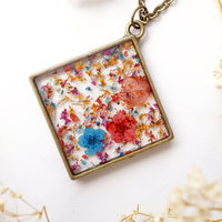 Real Pressed Flower and Resin Necklace in Red Pink Orange Blue Mix - Thumbnail 5