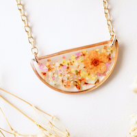 Real Dried Flowers in Resin Necklace, Half Circle in Orange Yellow Pink and White mix - Thumbnail 3