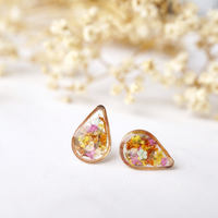 Real Dried Flowers and Resin Stud Earrings, Gold Teardrop in Red Orange Yellow Pink Mint and White mix - Thumbnail 4