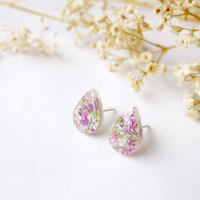 Real Dried Flowers and Resin Teardrop Stud Earrings in Pink Green Purple Mint and White - Thumbnail 4