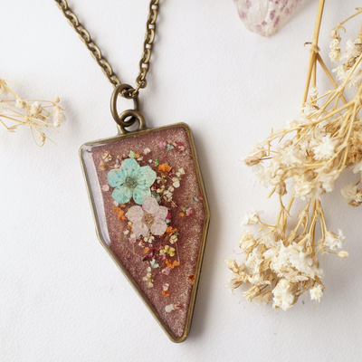 Real dried flowers in glitter resin necklace, arrowhead in mint pink white yellow and orange