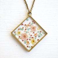 Real Pressed Flower and Resin Necklace in Red Pink Orange Blue Mix - Thumbnail 6