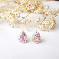 Real Dried Flowers and Resin Teardrop Stud Earrings in Pink Green Purple Mint and White - Thumbnail 5