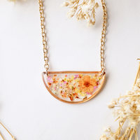 Real Dried Flowers in Resin Necklace, Half Circle in Orange Yellow Pink and White mix - Thumbnail 4