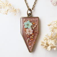 Real Dried Flowers in Glitter Resin Necklace, Arrowhead in Mint Pink White Yellow and Orange - Thumbnail 2