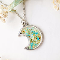Real Dried Flowers and Resin Necklace, Silver Moon in Teal Green Yellow - Thumbnail 6