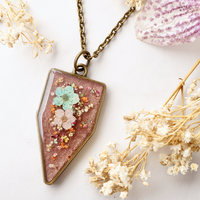 Real Dried Flowers in Glitter Resin Necklace, Arrowhead in Mint Pink White Yellow and Orange - Thumbnail 3