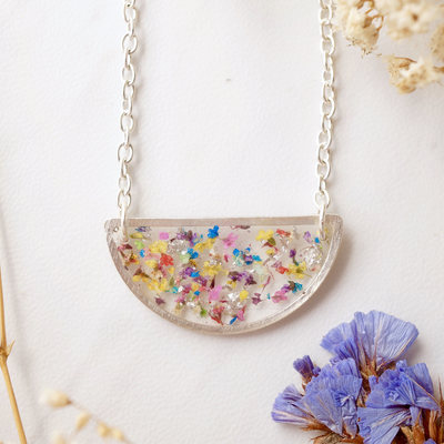 Real dried flowers in resin necklace, silver half circle in party mix