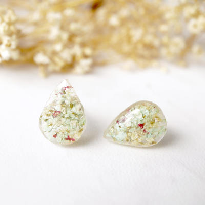 Real dried flowers and resin teardrop stud earrings in mint magenta white