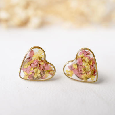 Real dried flowers and resin heart stud earrings in pink and yellow
