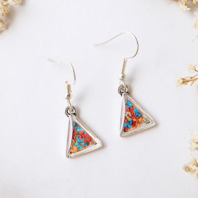Real dried flowers and resin earrings, silver triangle drops in orange blue red