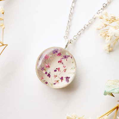 Real dried flowers in resin necklace, thick silver circle in pink purple mint