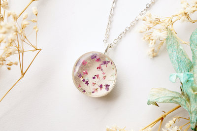 Real Dried Flowers in Resin Necklace, Thick Silver Circle in Pink Purple Mint