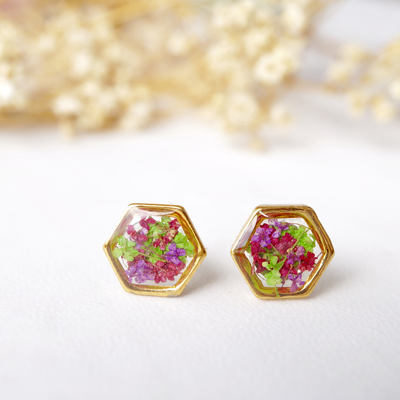 Real dried flowers and resin stud earrings, gold hexagon in red purple green