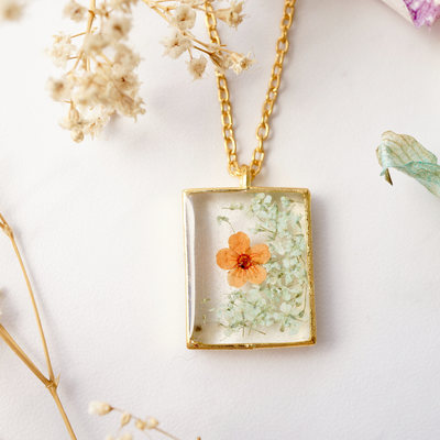 Real dried flowers in resin necklace, gold square in mint and orange